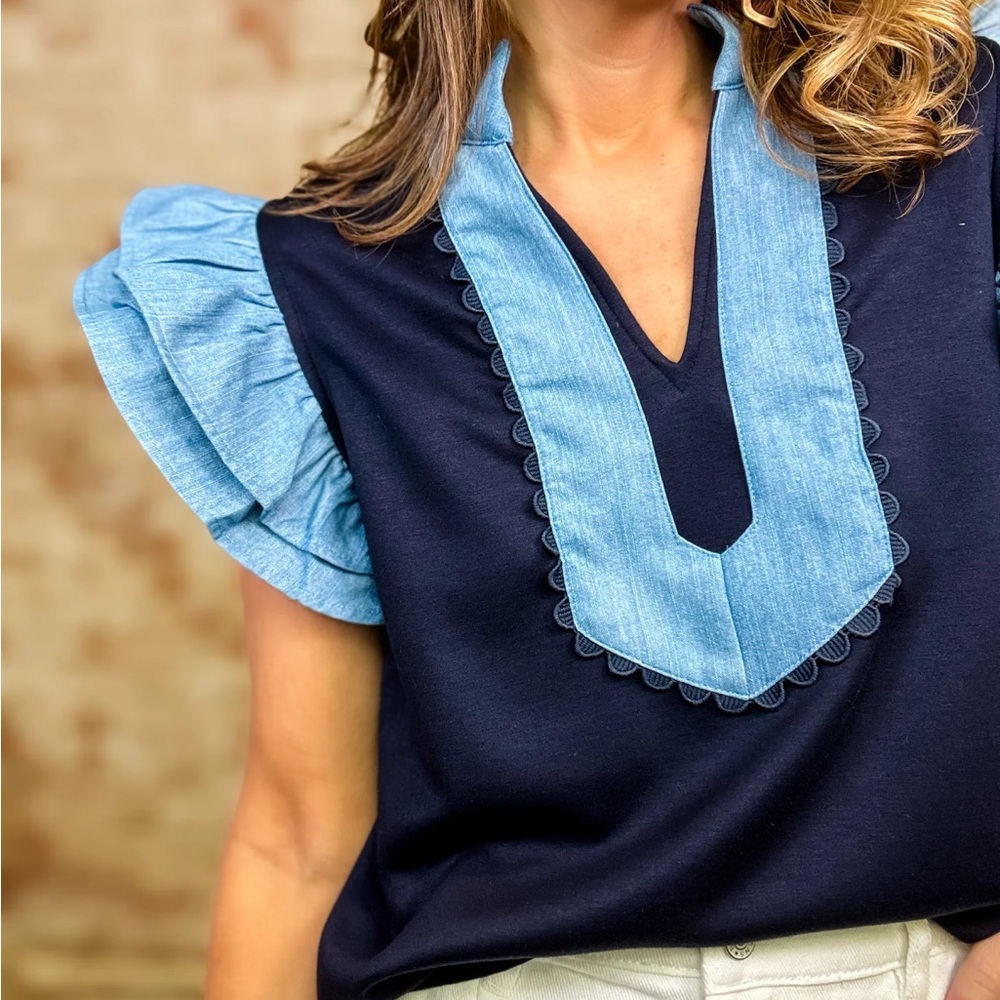 Jodifl Blue Contrast Trim V-Neck Ruffle Sleeve Top